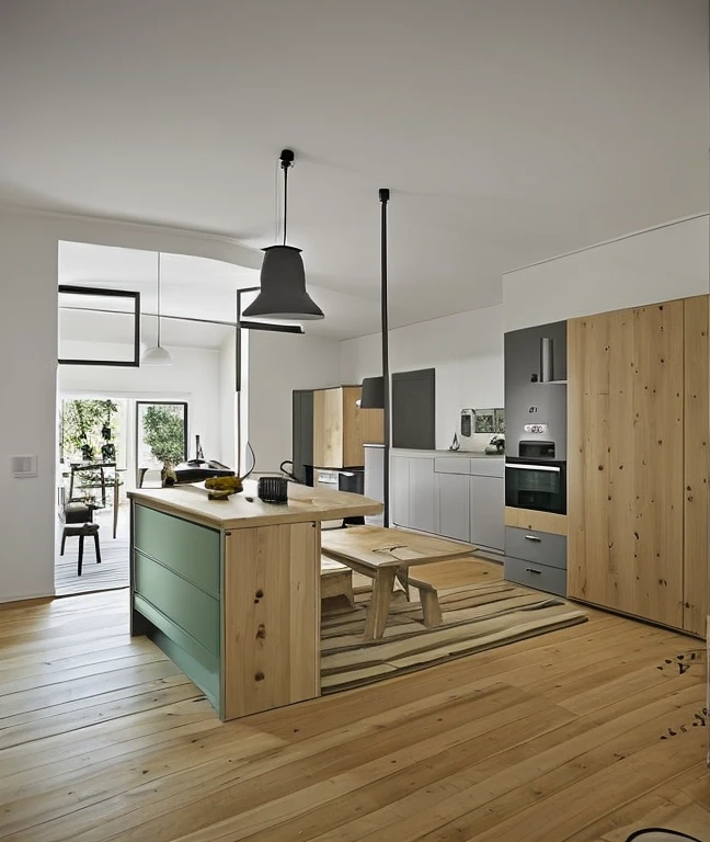 The kitchen should be brighter and have a central island in a Nordic style. The room must be furnished. 24MM
