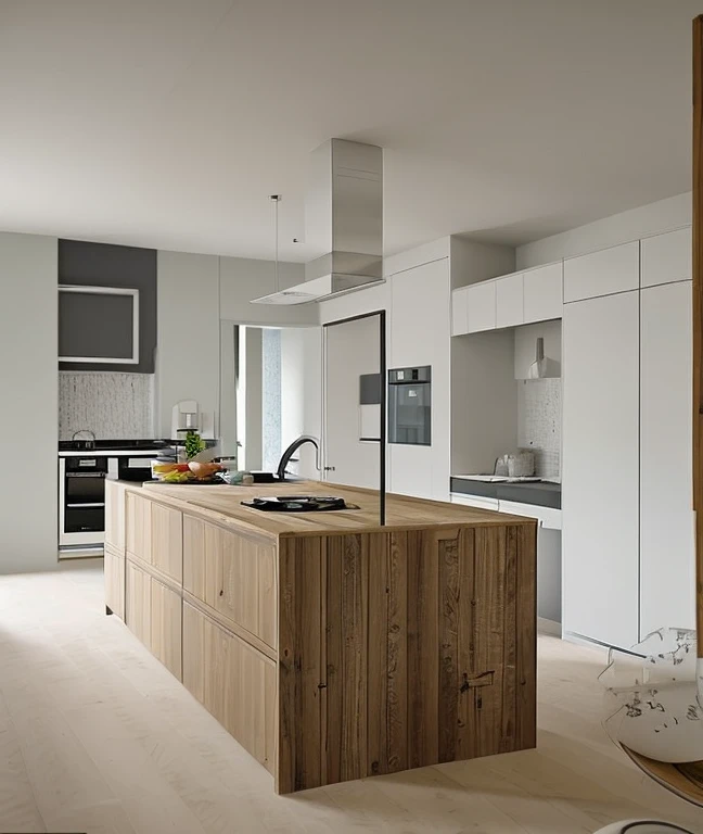The kitchen should be brighter and have a central island in a Nordic style. The room must be furnished. 24MM
