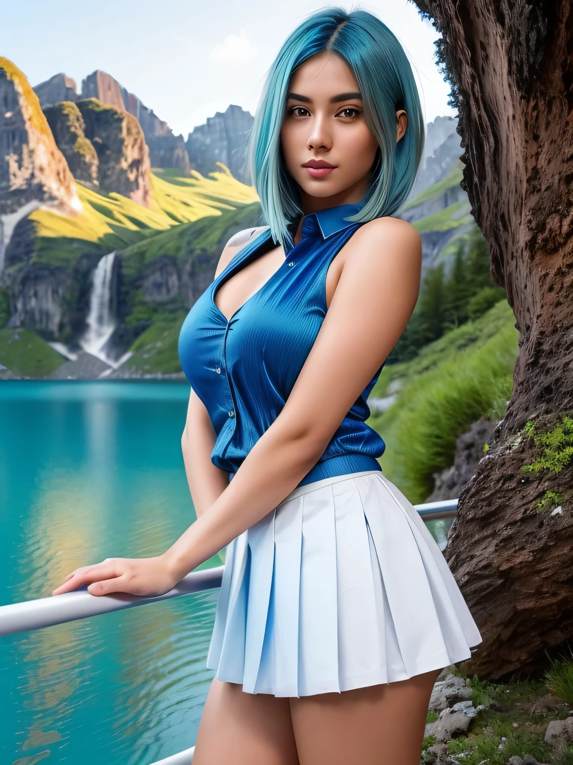 (blue hair:1.4), short hair, realistic green eyes, cobalt hair, long bob hair, tousled hair, shoulder length hair, Full body, woman with white skin and Asian features, 24 year old, big breast. Her face has an oval shape with high cheekbones that add to her model-like appearance. (crack), detailed (texture!, shine, color!!, flaws: 1.1), highly detailed glowing eyes, (looking at camera), specular light, dslr, extreme quality, crystal clear, cute face, detailed skin pores, oil Dark skin, brown, complex eye details, she is far from the camera, A full-body portrait, captured from a distance. Dynamic Frame, 8K, beautiful, realistic, (scenic view from beautiful european landscape:1.3), looking at viewer, full body shot , (blue pleated shirts + white skirt), , (short hair:1.3)
