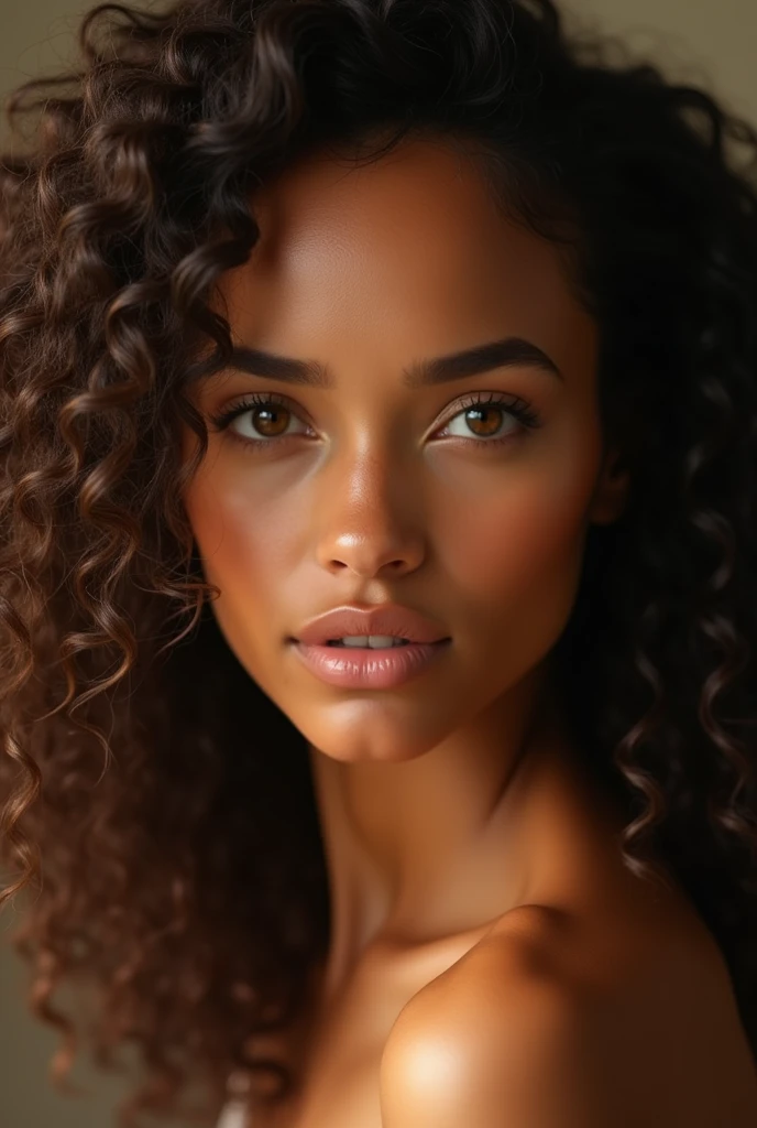 Une jolie femme à la peau marrons miel, avec de long cheveux boucle 4a et volumineux avec une regard hypnotique