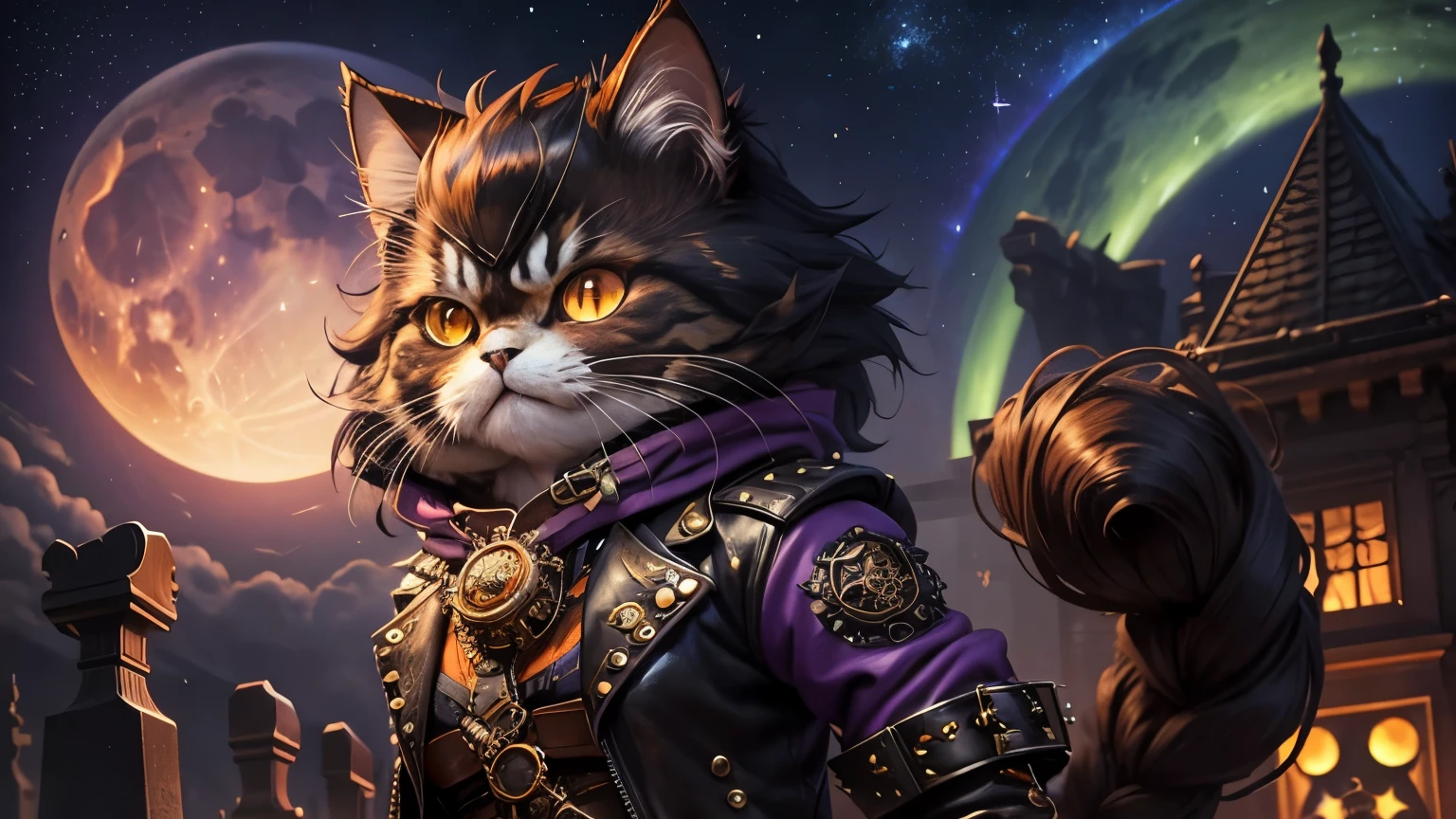 persian cat Anthropomorphic, steampunk ,, , Studded leather jacket with intricate orange and purple ornamentation , Steampunk Pirate Theme,, , of the highest quality,, very angry face, body fitness, Whole body, Long hair with braids , at night in the cemetery with fireflies and a northern light in the sky near the moon