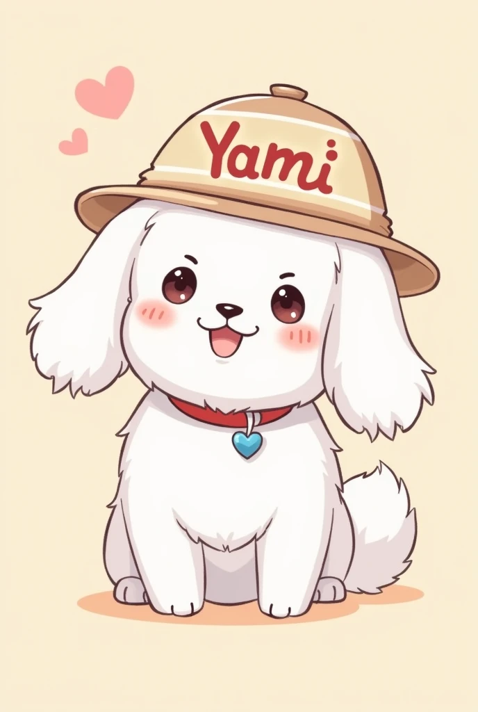 Anime White cute dog with Yamii name on hat with collar