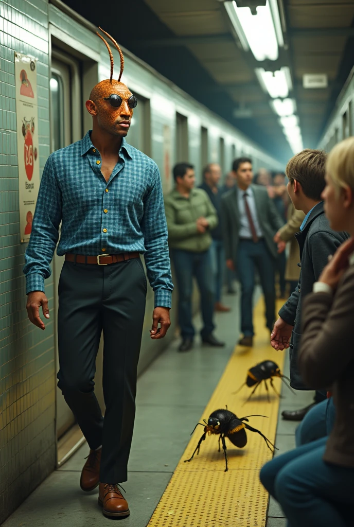 Make a handsome cockroach man with a blue check shirt, pants and brown shoes, at the subway , he saw a group of beetles harassing a girl bumblebee