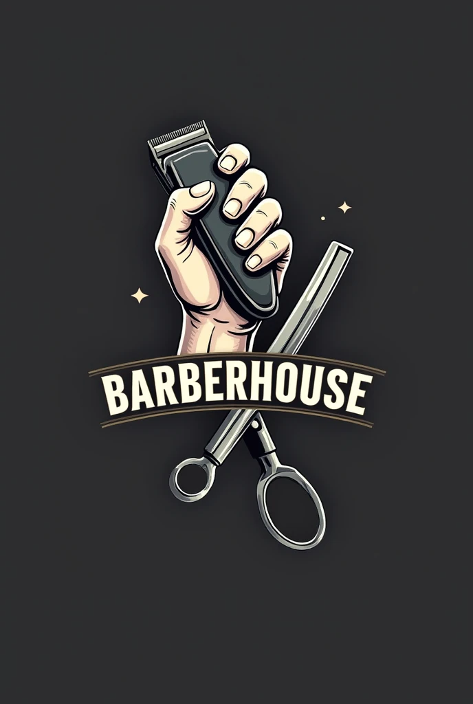 Logo brand sold School with a hand holding a hair clipper underneath with the name of the barbershop called BarberHouse with an open but more opaque razor in the background 