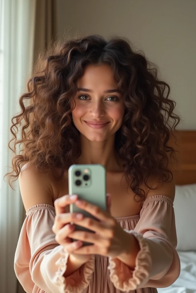 Brunette with curly hair wearing a dress and taking a selfie