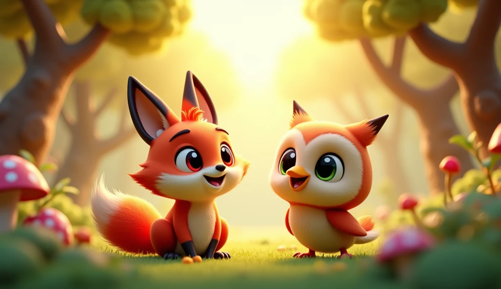 3D cartoon.fox and owl