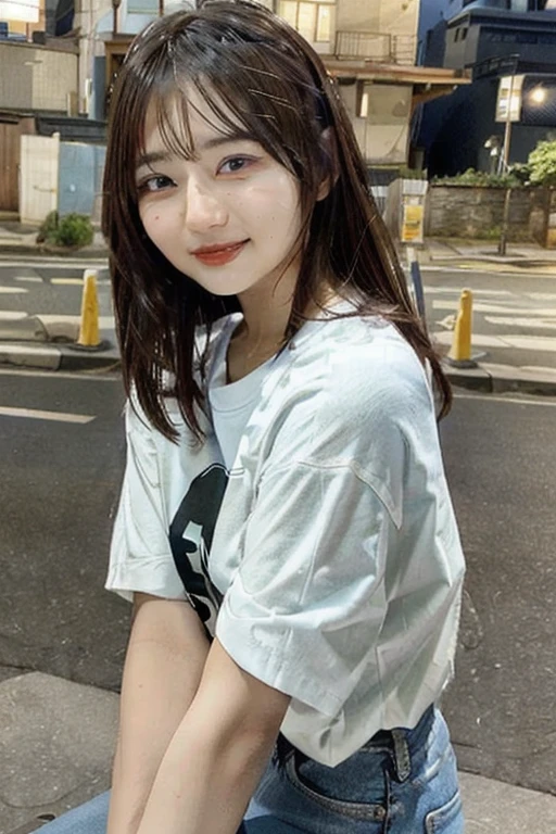 (skin blemish:0.8), (skindentation), black eye, 1woman, 25yo, (((woman))), solo, realistic, best quality, photorealistic, masterpiece, 8k, high res, solo, extremely detailed face, (professional lighting, bokeh), (light particles, lens flare, glowing particles:0.6), (dynamic pose:0.8), soft lighting, top angle view, fashionable and trendy atmosphere, Japan, tokyo, playground, street, city, shop, river, ((daytime)), sky, ((looking at the viewer:1)), (looking at the camera),(portrait:0.6), cowboy shot, gorgeous, sitting, hands down, keep original facial proportion, wide shoulder, full body, (medium breast), (long hair), brown hair, floating hair, lips, lipstick, seductive smile, floating hair, smile, open_mouth, teeth, T-shirt, round neck T shirt, shorts, jeans, eyelashes, mole, (mole under eye:1),