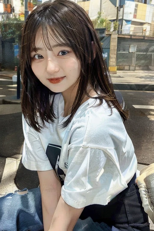 (skin blemish:0.8), (skindentation), black eye, 1woman, 25yo, (((woman))), solo, realistic, best quality, photorealistic, masterpiece, 8k, high res, solo, extremely detailed face, (professional lighting, bokeh), (light particles, lens flare, glowing particles:0.6), (dynamic pose:0.8), soft lighting, top angle view, fashionable and trendy atmosphere, Japan, tokyo, playground, street, city, shop, river, ((daytime)), sky, ((looking at the viewer:1)), (looking at the camera),(portrait:0.6), cowboy shot, gorgeous, sitting, hands down, keep original facial proportion, wide shoulder, full body, (medium breast), (long hair), brown hair, floating hair, lips, lipstick, seductive smile, floating hair, smile, open_mouth, teeth, T-shirt, round neck T shirt, shorts, jeans, eyelashes, mole, (mole under eye:1),