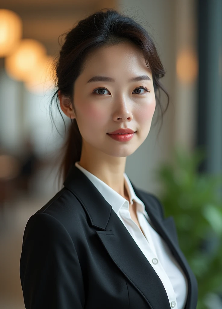 A 57-year-old asian women that is still very beautiful like middle-aged women,white skin, Height 160, Slim like a middle-aged woman, but still considered a beautiful figure., full body, Wear work clothes, In the office, 4K, high definition, realistic