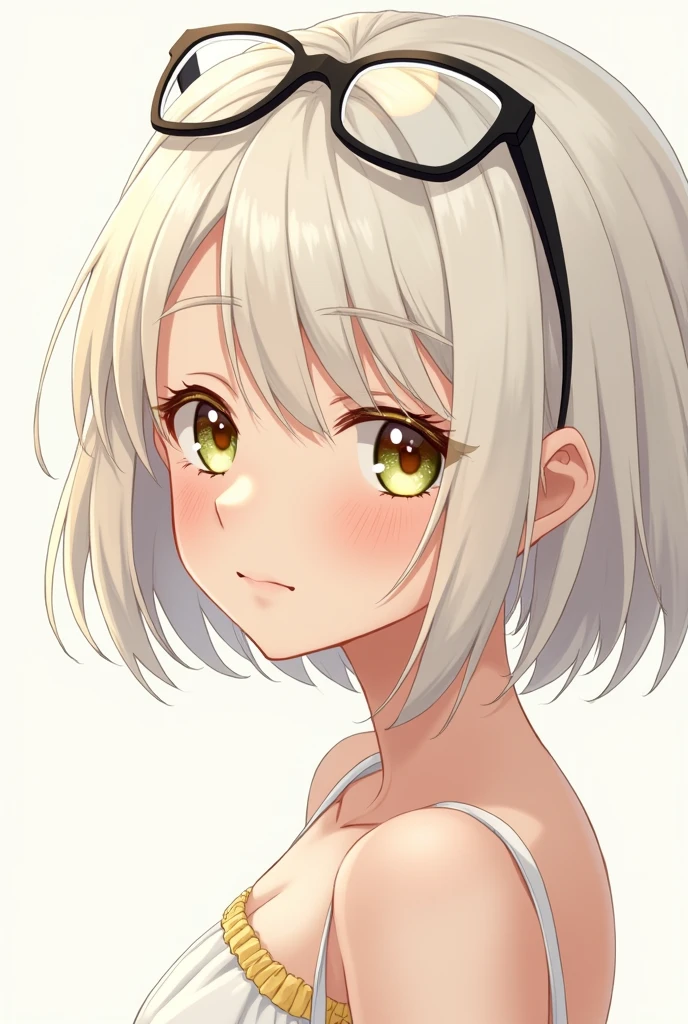 a white girl, thin-faced, pink lips, upturned nose and good profile, with honey and greenish colored eyes, blonde eyebrows, White hair intertwined like highlights and that is short, with few freckles and white streaks in her hair and with good facial symmetry, with a serious but cute face in anime form and with glasses in her hair