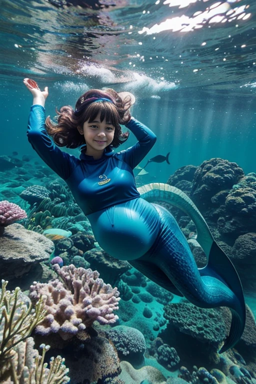 Female ergarteners　Mermaid　Rubber suit　　Hair color blue　Underwater　Potbelly　Pregnant belly