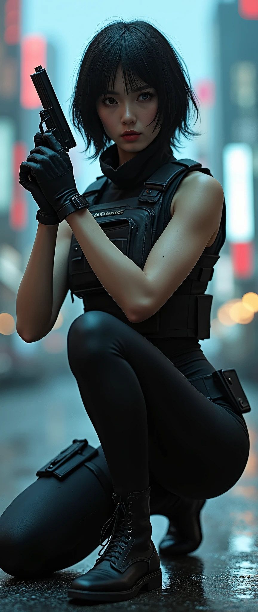 (masterpiece,Distinguished Quality,Mirror-like,Cinematic Experience,insanely detailed,absurdres),8k,wallpaper,,(Best illustrations:2.0),(One Woman),(Motoko Kusanagi:2.0),(Ghost in the Shell-style worldview:2.0),(Black tactical bodysuit:2.0),(Heavy black bulletproof vest:2.0),(Black gloves:2.0),(Short Hair:2.0),(Beautiful Eyes),(Detailed face),(Detailed female hand drawing:2.0),(sexy:2.0),(Get down on one knee and hold a pistol:2.0),(Raise your right knee:2.0),(He aims a pistol at me:2.0),(The background is Tokyo, where science and technology have developed.:2.0),(sf:2.0)
