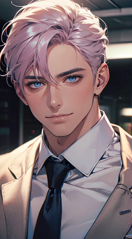 (Highest quality,4K,8K,High resolution,masterpiece:1.2),Super detailed,(Realistic,photoRealistic,photo-Realistic:1.37),1 personld,Mature Men,Beautiful skin、very handsome,Expressionless,smile,Short gray pink hair,blue eyes,Sharp Eyes,A perfect face without a doubt,Businessman,Office Background,Cinema Lighting,HDR image,tie、