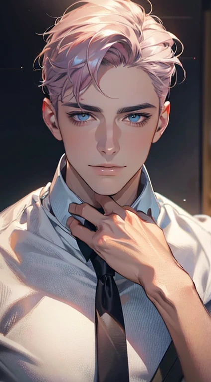 (Highest quality,4K,8K,High resolution,masterpiece:1.2),Super detailed,(Realistic,photoRealistic,photo-Realistic:1.37),1 personld,Mature Men,Beautiful skin、very handsome,Expressionless,smile,Short gray pink hair,blue eyes,Sharp Eyes,A perfect face without a doubt,Businessman,Office Background,Cinema Lighting,HDR image,tie、
