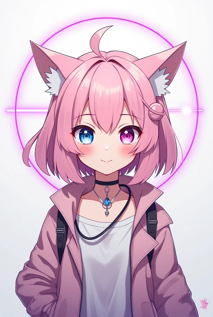 Anime human girl, a young girl with a halo like the moon, light pink hair, two eyes with different colors, pink and blue. Her outfit is cyber style but modern. She has a cheerful smile.