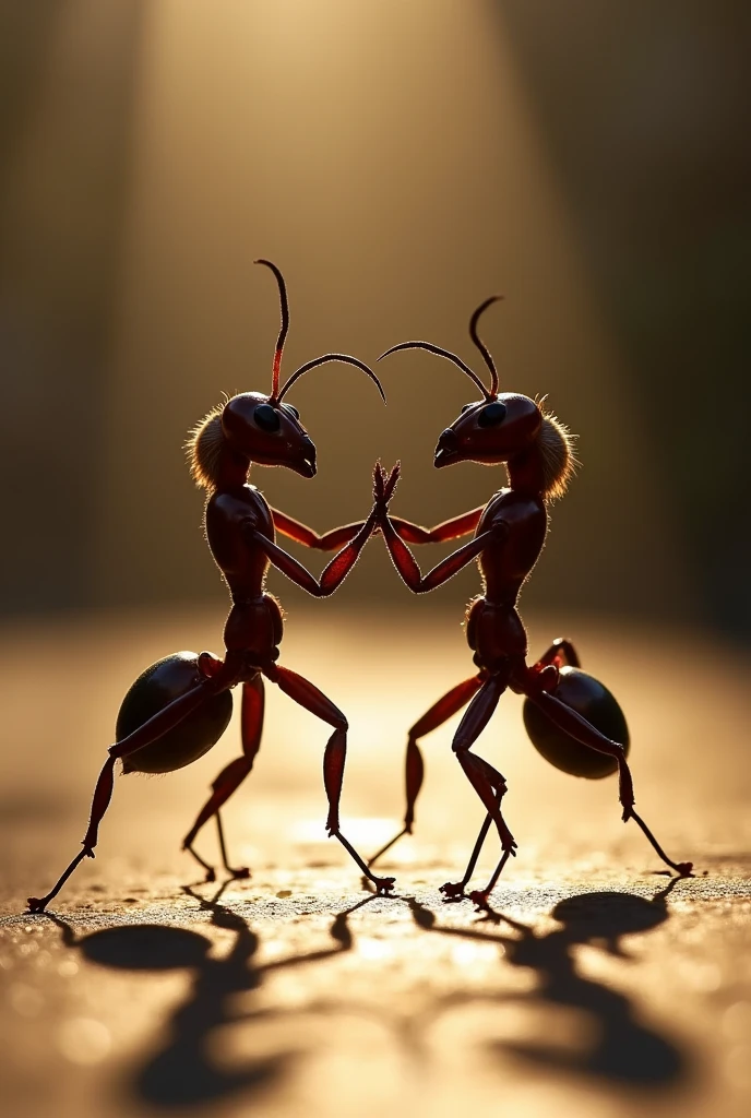 Create an image showing real ants of the Cephalotes genus dancing the tango. The image must be taken against the light, so that the shadows and profiles of the ants stand out very clearly. The ants must be in a dance position, Capturing the movement and grace of tango, with its antennae and legs in elegant positions. Make sure the image has a high level of detail, especially in the texture of the ants and the projected shadows. The backlight should be diffuse and soft., creating a dramatic effect that accentuates the silhouette and shape of the moving ants. The overall atmosphere should be evocative and artistic., with a focus on contrast accuracy.