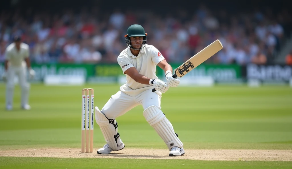 Show me a cricket player wearing white sneakers and holding a cricket bat in one hand while hitting the ball.,顶光drop shadow, anaglyph, stereogram, tachi-e, ass pov, atmospheric perspective, 8k, super detail, best quality waiting to start