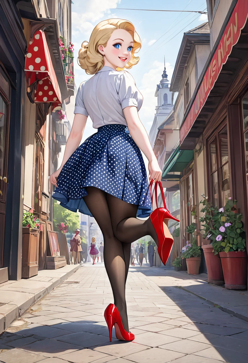  masterpiece, 1940s hairstyle, stunning  blonde woman with pale skin, blue eyes, smilling face, wearing polka dot skirt, pantyhose with floral patterns,red stilettos ,thick legs , big ass. She is walking 