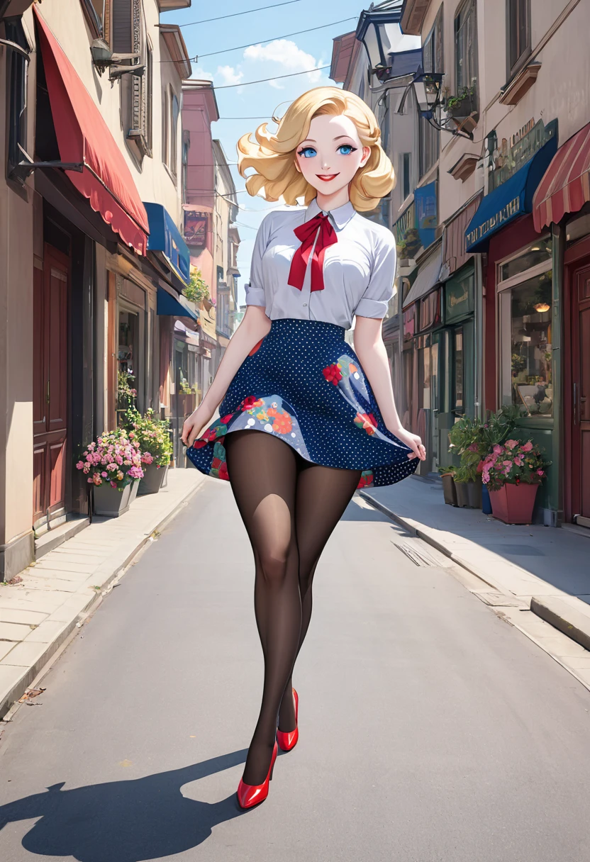  masterpiece, 1940s hairstyle, stunning teen blonde woman with pale skin, blue eyes, smilling face, wearing polka dot skirt, pantyhose with floral patterns,red stilettos ,thick legs , big ass. She is walking 
