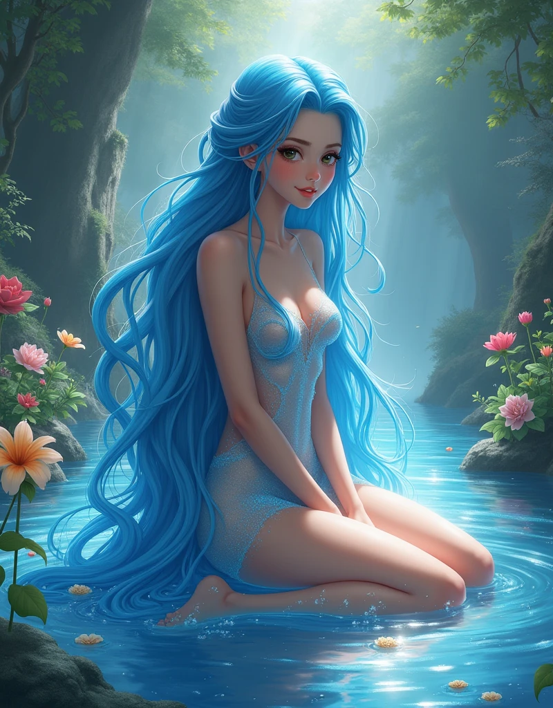 Full body like official art, 8K unit wallpaper, super detailed, beautiful beauty, high quality, beautiful, masterpiece, best quality (zen, mandala, tangled, tangled: 0.6), Lady of the lake, waves of water, porcelain skin, glowing, azure hair, clear blue eyes, mystical forest, high quality, detailed, romantic, sparkling, elegant, vibrant,