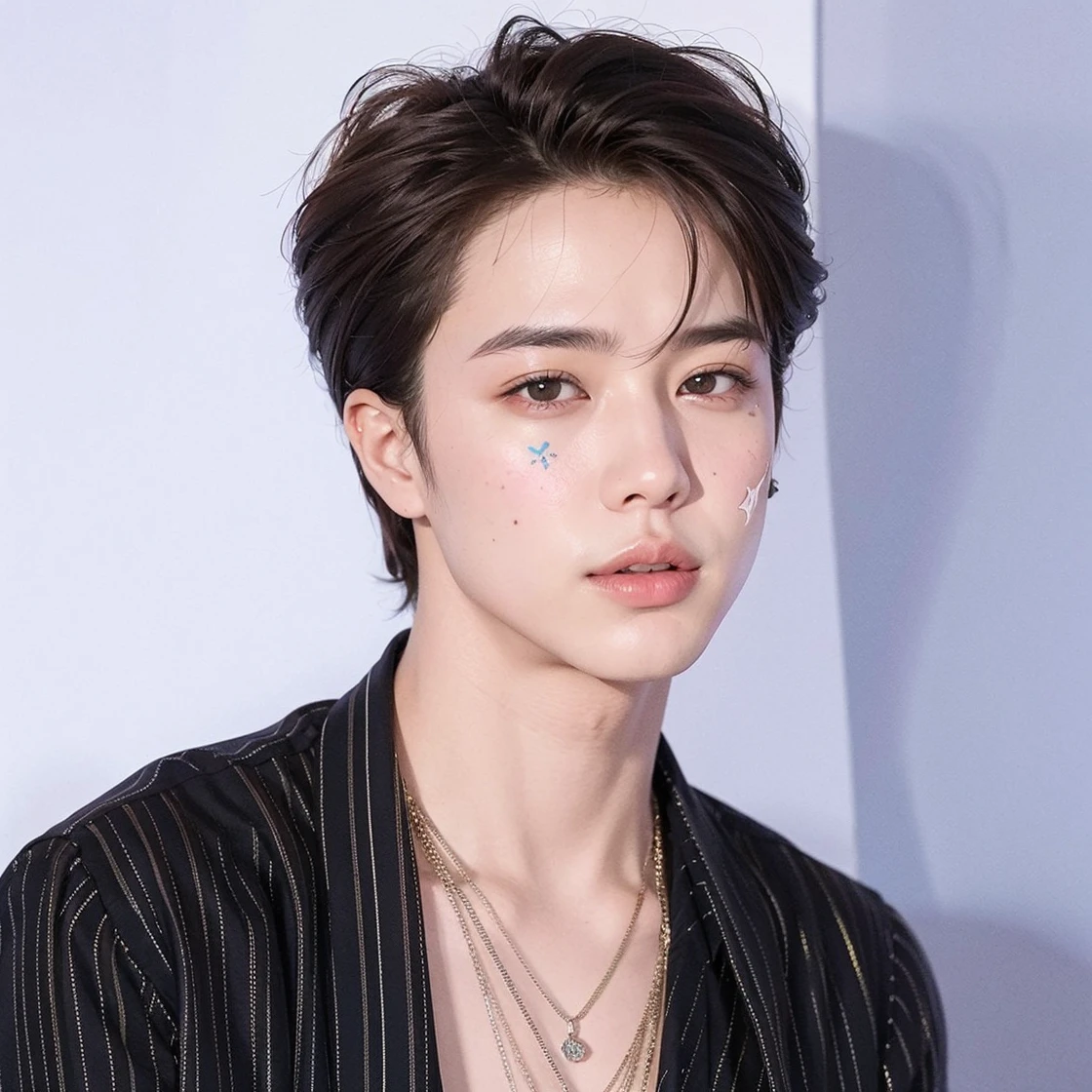 um close up de uma pessoa usando jaqueta e gravata, Jimin\the full lips, Jimin\the right eyelid is swollen, Jimin, Parque Jimin, rosto preciso do Jimin, Jimin\o nariz grego, Jung Jaehyun, jia, taejune kim, Yoongi de cabelo preto, hyung tae, Marcos Lee, Handsome androgynous prince