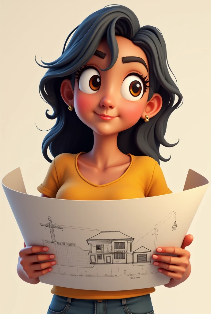 " 23 year old Peruvian normal young man with thoughtful excited face with construction plans in his hand PNG (as if he were planning his new home) animated format/cartoon" LO MISMO PERO EN MUJER