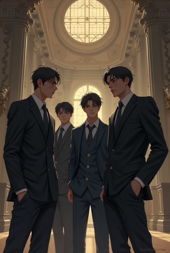 Make a calm environment in a hall of four young mafia boys three of them are elder and one younger boy.
