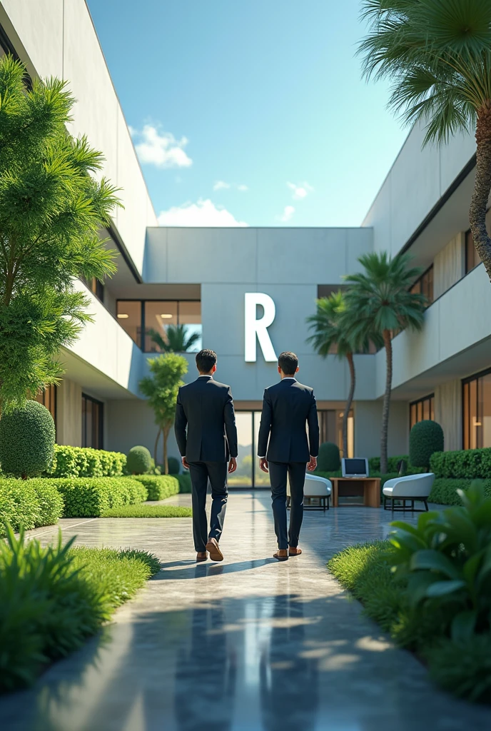 I want an animated image of a company that is a large and spacious building with green areas,  and that company is a business with two bosses who are couples,  ( The Man with Glasses ), both elegant , and that the Company has the letter R and the letter W.