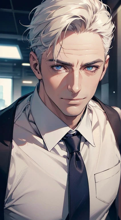 (best quality,4k,8k,highres,masterpiece:1.2),ultra-detailed,(realistic,photorealistic,photo-realistic:1.37),1 man,3,mature man,very handsome,without expression,smile,short white hair,blue eyes,penetrating gaze,perfect face without errors,imposing posture,businessman,office background,cinematic lighting,hdr image