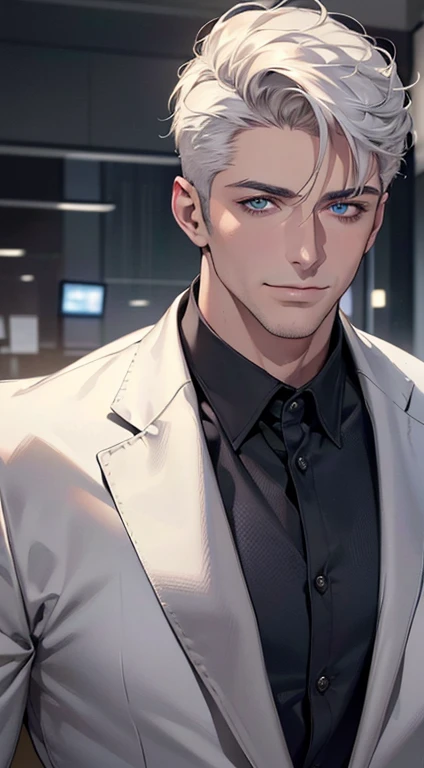 (best quality,4k,8k,highres,masterpiece:1.2),ultra-detailed,(realistic,photorealistic,photo-realistic:1.37),1 man,3,mature man,very handsome,without expression,smile,short white hair,blue eyes,penetrating gaze,perfect face without errors,imposing posture,businessman,office background,cinematic lighting,hdr image