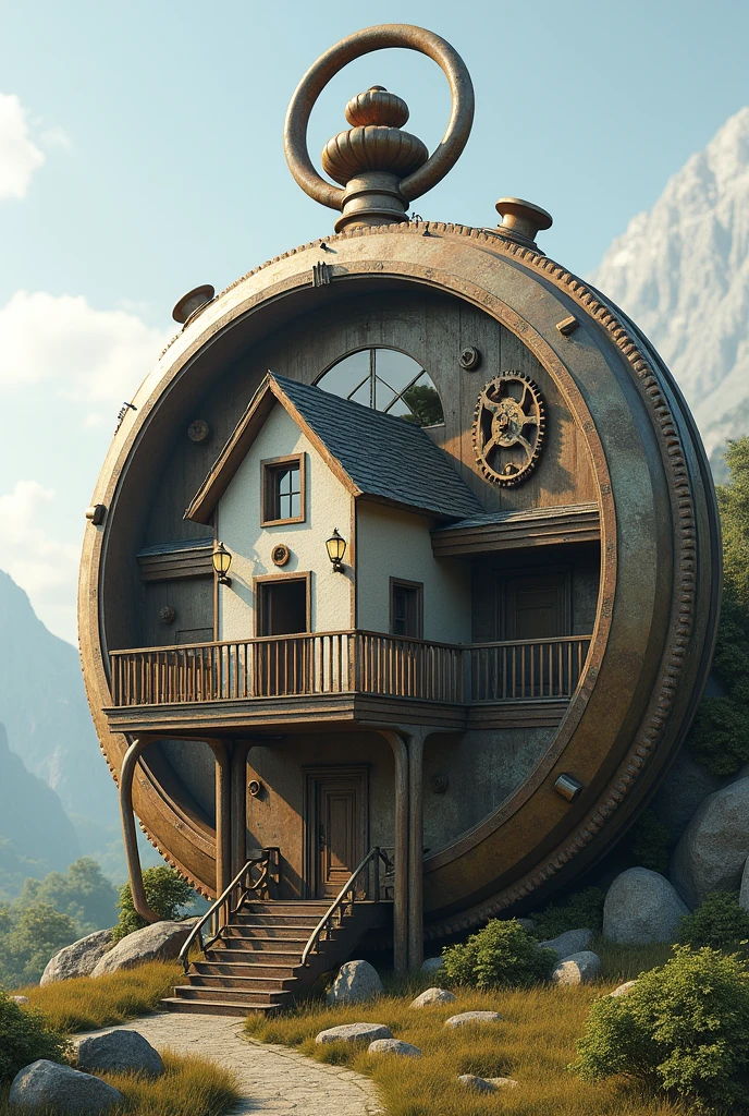 A two-story house that has stairs but is shaped like a clock that is larger than the house and its structure like a pocket watch, but don't let it be so noticeable