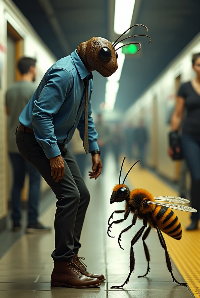 Make a handsome cockroach man with a blue check shirt, pants and brown shoes, at the subway , he saw some thug beetles harassing a girl bumblebee