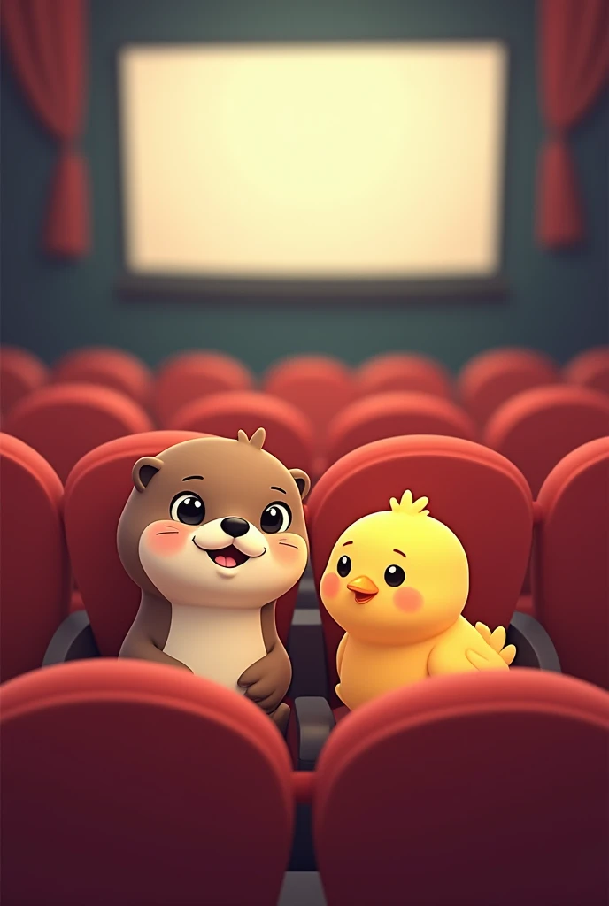 An otter and a chick in the cinema, drawn as simple emojis