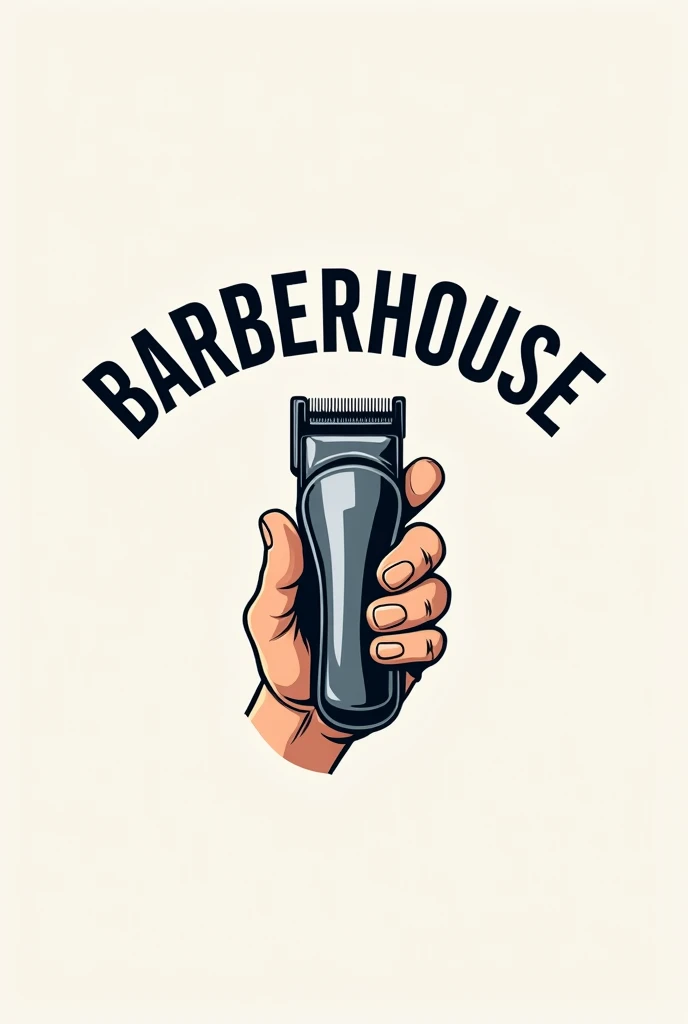 Logo brand sold School with a hand holding a hair clipper underneath with the name of the barber shop which is called BarberHouse 