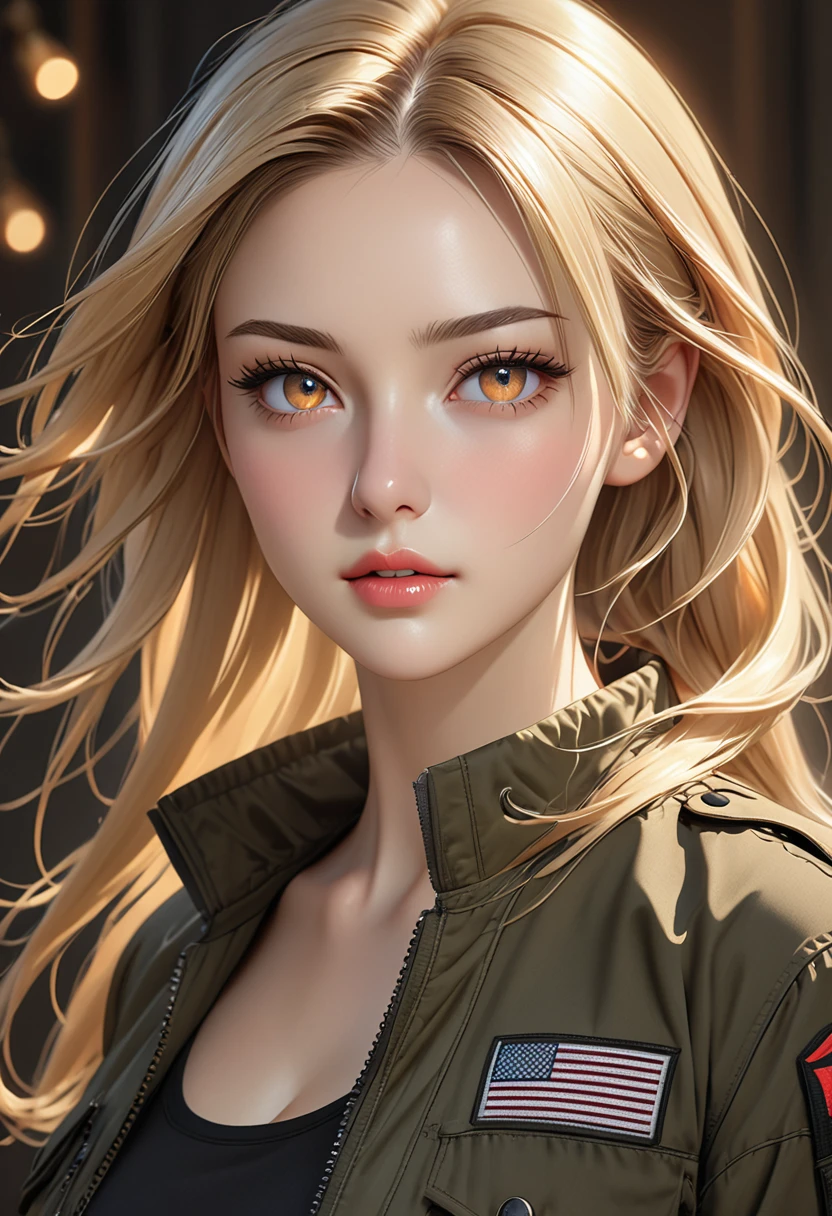 ((realistic)), ((best quality)), ((artwork)), ((extremely detailed face)), ((perfect lighting)), ((extremely detailed CG)), ((perfect hands)), ((perfect anatomy)),

Appearance= Average, slender, fair skin, exquisite features, elegant brows, long lashes, straight tall nose, thin lips; apricot eyes; long, flowing blonde hair;
Personality= Hyperactive, determined, naughty, smart
Occupation= Contractor
Clothing= Black tactical pants, tight tank top, bomber jacket, combat boots.]