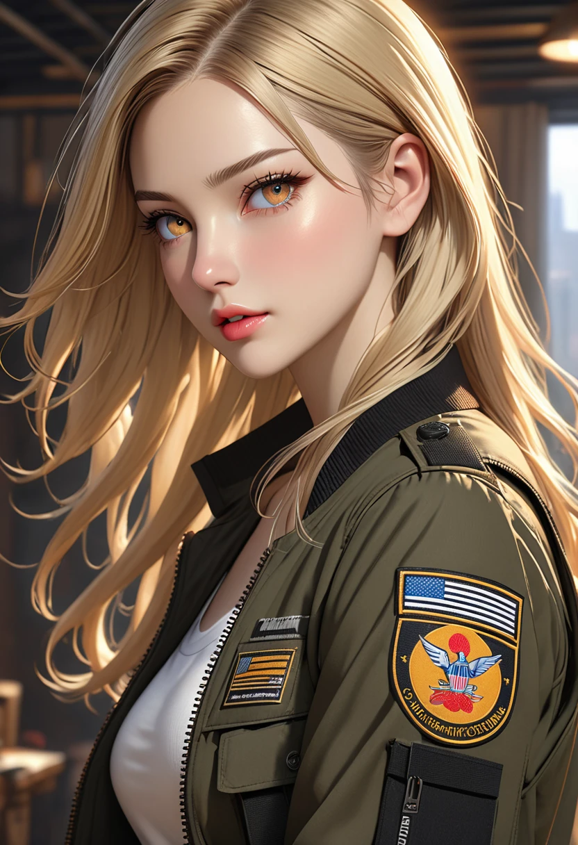 ((realistic)), ((best quality)), ((artwork)), ((extremely detailed face)), ((perfect lighting)), ((extremely detailed CG)), ((perfect hands)), ((perfect anatomy)),

Appearance= Average, slender, fair skin, exquisite features, elegant brows, long lashes, straight tall nose, thin lips; apricot eyes; long, flowing blonde hair;
Personality= Hyperactive, determined, naughty, smart
Occupation= Contractor
Clothing= Black tactical pants, tight tank top, bomber jacket, combat boots.]