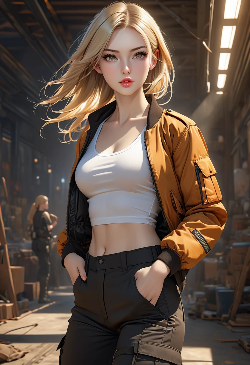 ((realistic)), ((best quality)), ((artwork)), ((extremely detailed face)), ((perfect lighting)), ((extremely detailed CG)), ((perfect hands)), ((perfect anatomy)),

Appearance= Average, slender, fair skin, exquisite features, elegant brows, long lashes, straight tall nose, thin lips; apricot eyes; long, flowing blonde hair;
Personality= Hyperactive, determined, naughty, smart
Occupation= Contractor
Clothing= Black tactical pants, tight tank top, bomber jacket, combat boots.]