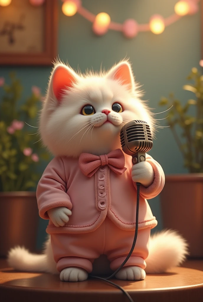 A cat dressed in pink with a microphone singing