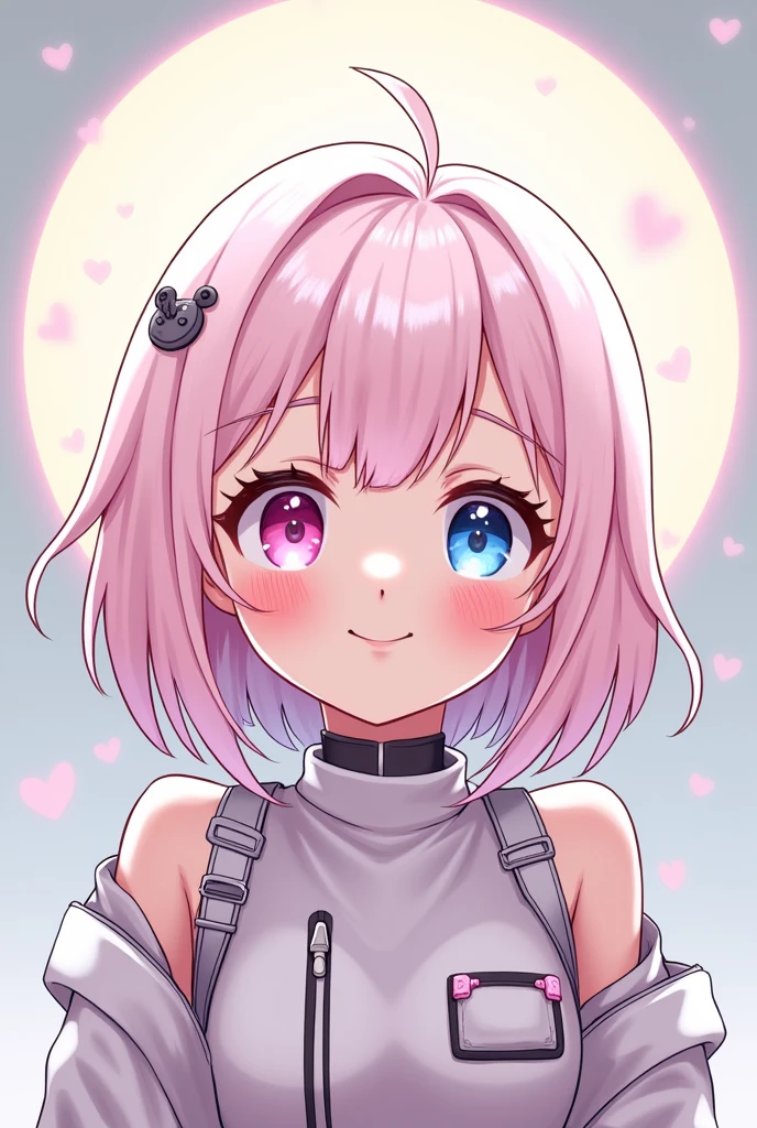 Anime human girl, a young girl with a halo like the moon, light pink hair, two eyes with different colors, pink and blue. Her outfit is cyber style but modern. She has a cheerful smile.