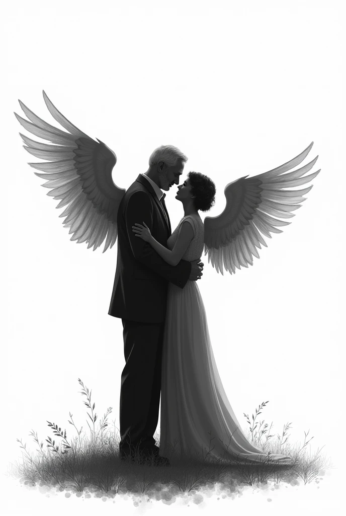 Draw an black and white outline drawing of a dead grandfather holding his dead grandson. They are in the heaven and became angels and have small wings. There faces should not be visible or blurred. Don't add too much detail.