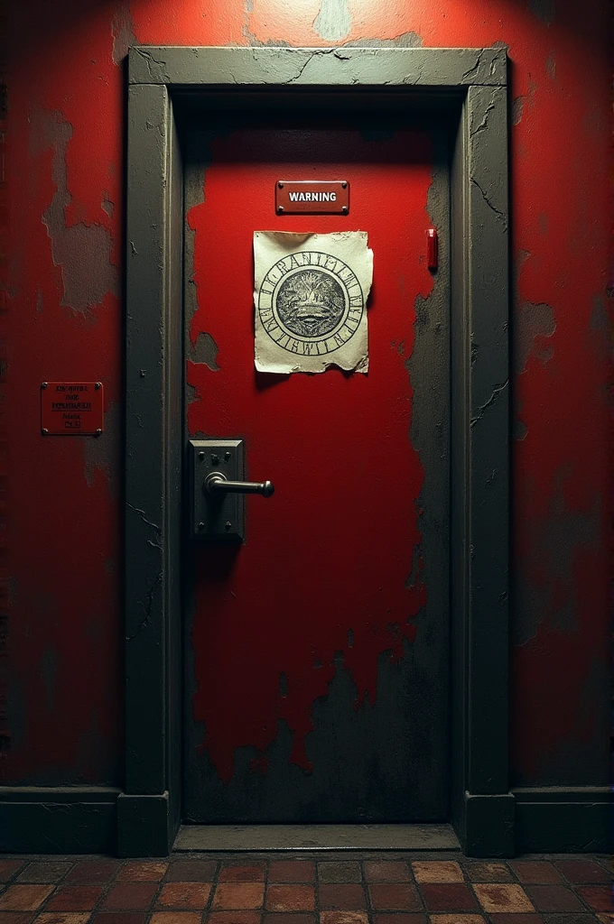 A door to the Anomaly detention room with red paper on the wall that says Anomaly 770 class 3, the name of the Anomaly, the Anomaly's head, and a paper logo on the wall showing its class.