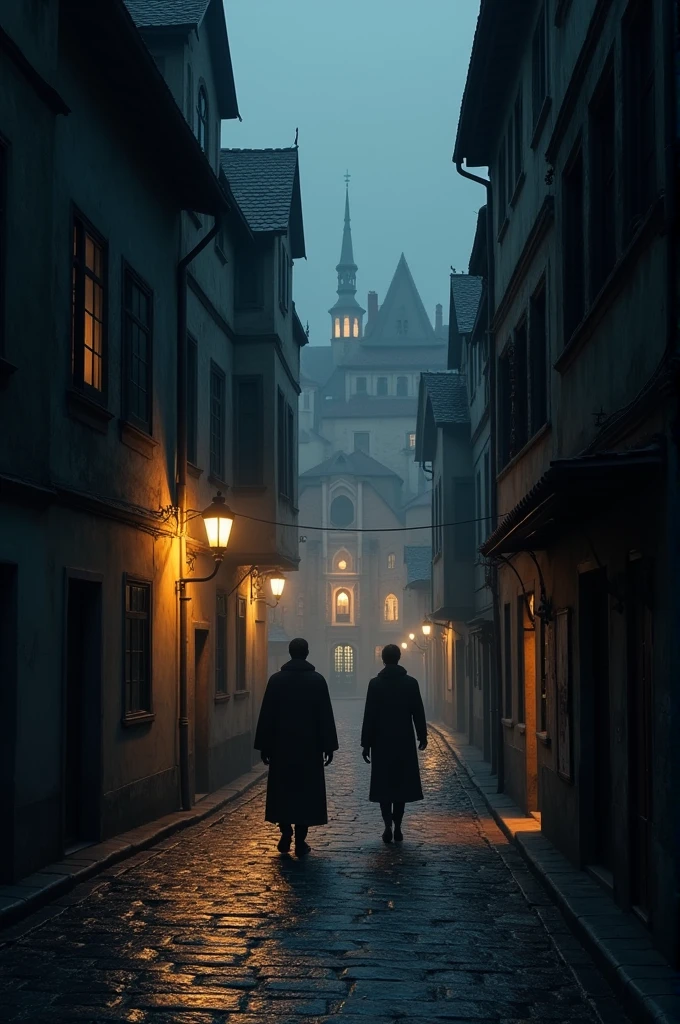 4 The scene changes to a narrow, winding street leading out of the square.. The apprentice and the architect walk down the street, which is partially in shadow due to the tall buildings on either side. In the background, The street opens onto another smaller square, with a church in the background