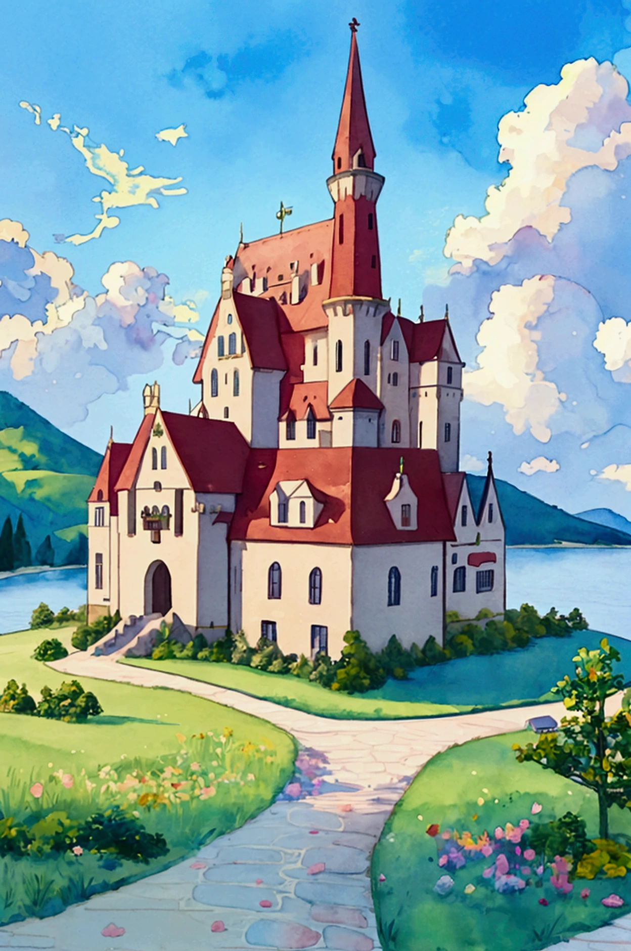 watercolor, children's storybook illustration, a castle surrounded by a village, houses, cottages, buildings, towers, clouds, colorful, vibrant warm colors, bright, ((masterpiece)), ((best quality)), 8k, intricate detail, high resolution, highly detailed environment, perfect architecture.