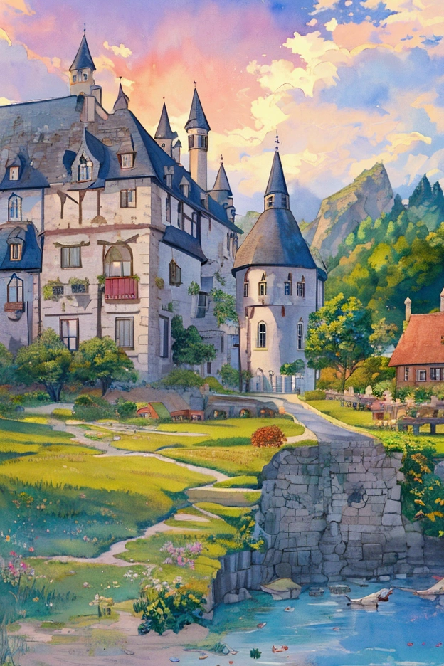 watercolor, children's storybook illustration, a castle surrounded by a village, houses, cottages, buildings, towers, clouds, colorful, vibrant warm colors, bright, ((masterpiece)), ((best quality)), 8k, intricate detail, high resolution, highly detailed environment, perfect architecture.