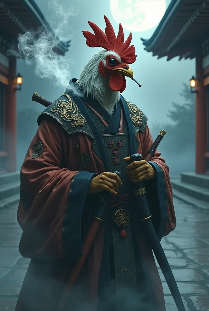 Surrounded rooster, with a semi-humanoid body, surrounded by smoke, with oriental feudal clothing, with a golden beak and an eye patch, smoking a cigarette with a long black wooden cigarette holder, with bokken swords, Na cintura, on a full moon night in a Japanese temple