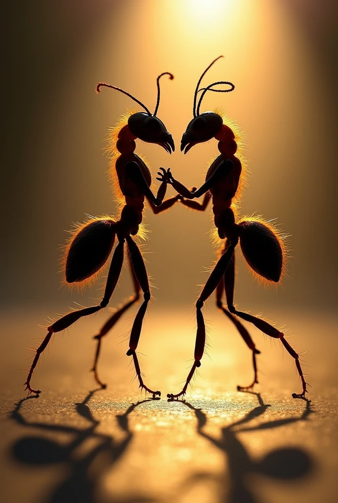 Create an image showing ants of the Cephalotes genus dancing the tango. The image must be taken against the light, so that the shadows and profiles of the ants stand out very clearly. The ants must be in a dance position, Capturing the movement and grace of tango, with its antennae and legs in elegant positions. Make sure the image has a high level of detail, especially in the texture of the ants and the projected shadows. The backlight should be diffuse and soft., creating a dramatic effect that accentuates the silhouette and shape of the moving ants. The overall atmosphere should be evocative and artistic., with a focus on contrast accuracy.