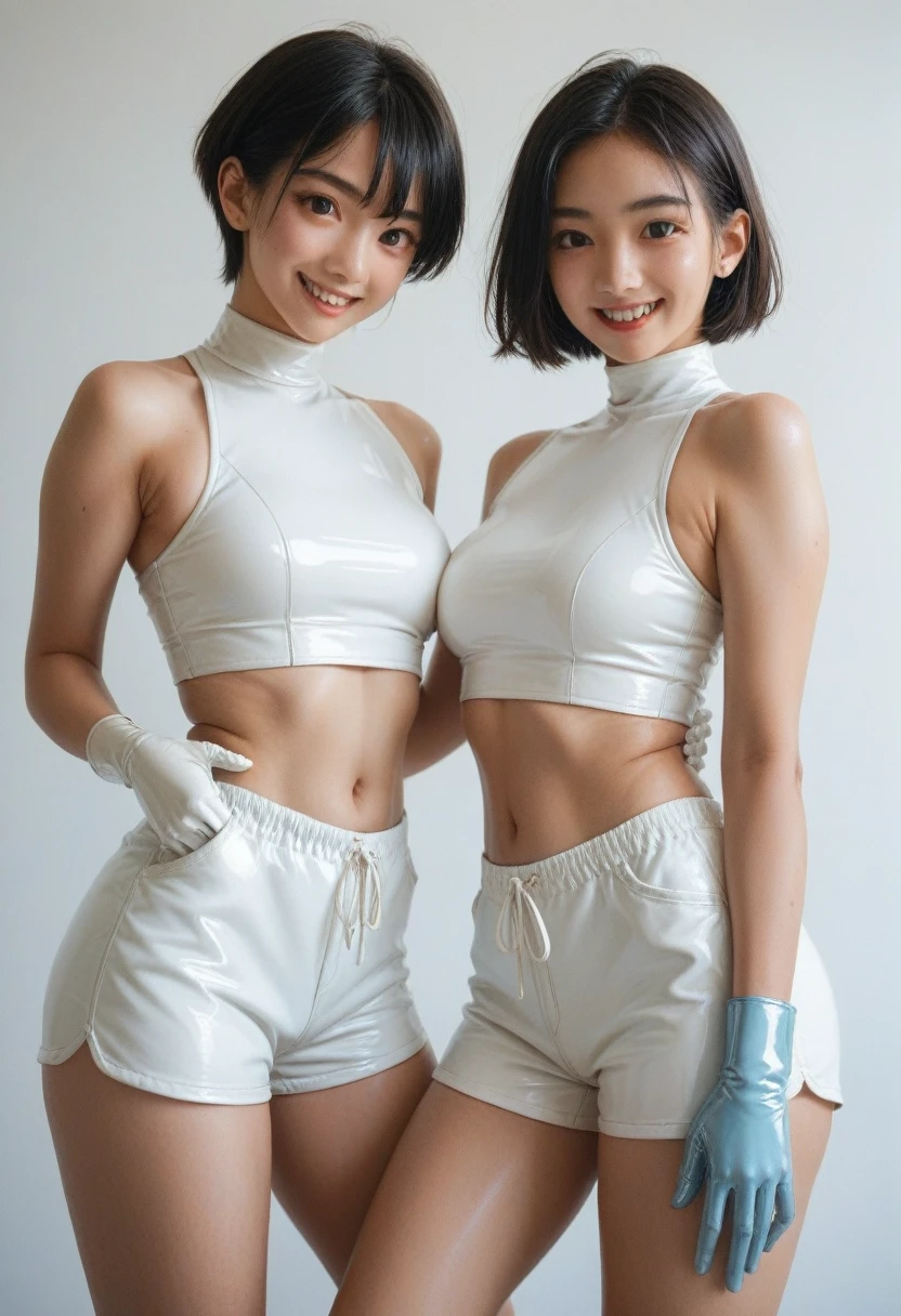 Japanese women、Light blue costume、Shorts、White rubber gloves、Black Short Hair、Studio、smile