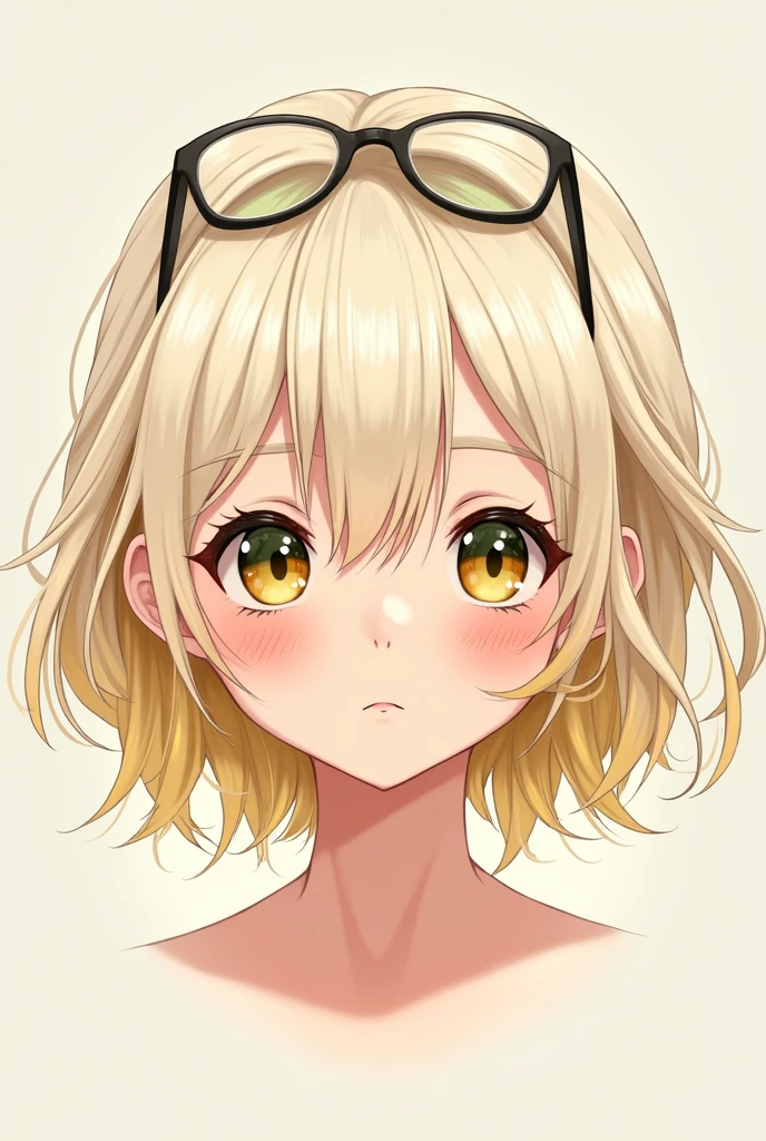 a white girl, thin-faced, pink lips, upturned nose and good profile, with honey and greenish colored eyes, blonde eyebrows, white hair intertwined with yellow like "little rays" and keep it short, con pocas pecas y little rays blancos en su cabello y con buena simetría facial, with a serious but cute face in anime form and with glasses in her hair