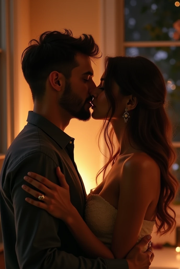 Couple first French kiss 