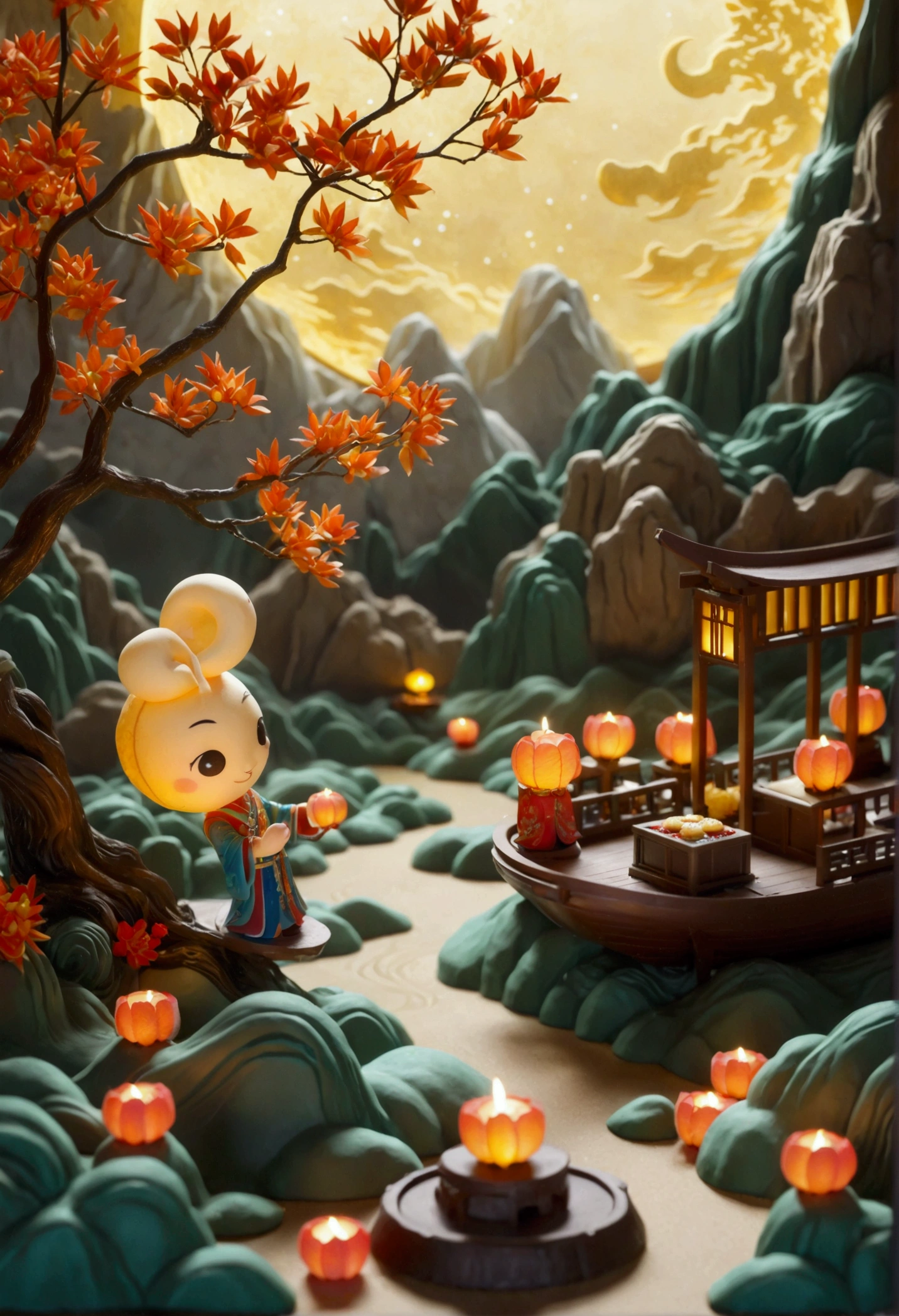 (3D Art，3D Style), (Mid-Autumn Festival:1.5)，Macro lens，desktop，Mid-Autumn Festival，Mini mooncakes，Miniature villains，osmanthus tree，A little person sawing a mooncake，Transporting mooncakes，Half mooncakes with flowing filling，The moon hangs in the sky，desktop散落桂花瓣，Colorful mountains and rivers，蜿蜒的river，Small boat，There is a path on the mountain，There is a small house，(Aesthetics and aesthetics:1.2)，Solid color background，miniature photography，Chinese ancient architectural landscape，Chinese landscape painting，Creamy organic fluid，theme，(C4D，OC Rendering)，Natural light，jungle，river，Fall，Small pavilion on the mountain
